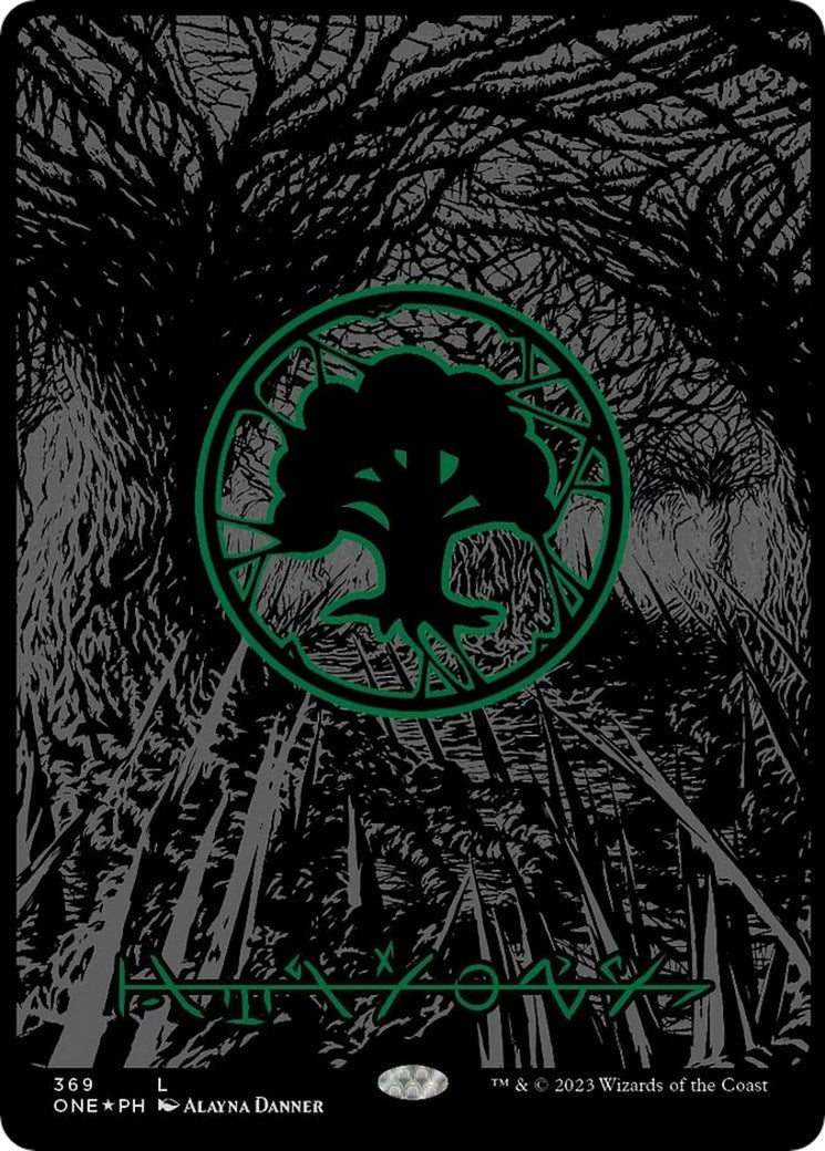 Image for Forest (Phyrexian) - Full Art (Oil Slick Raised Foil) (369) (Phyrexia: All Will Be One) - Magic: The Gathering