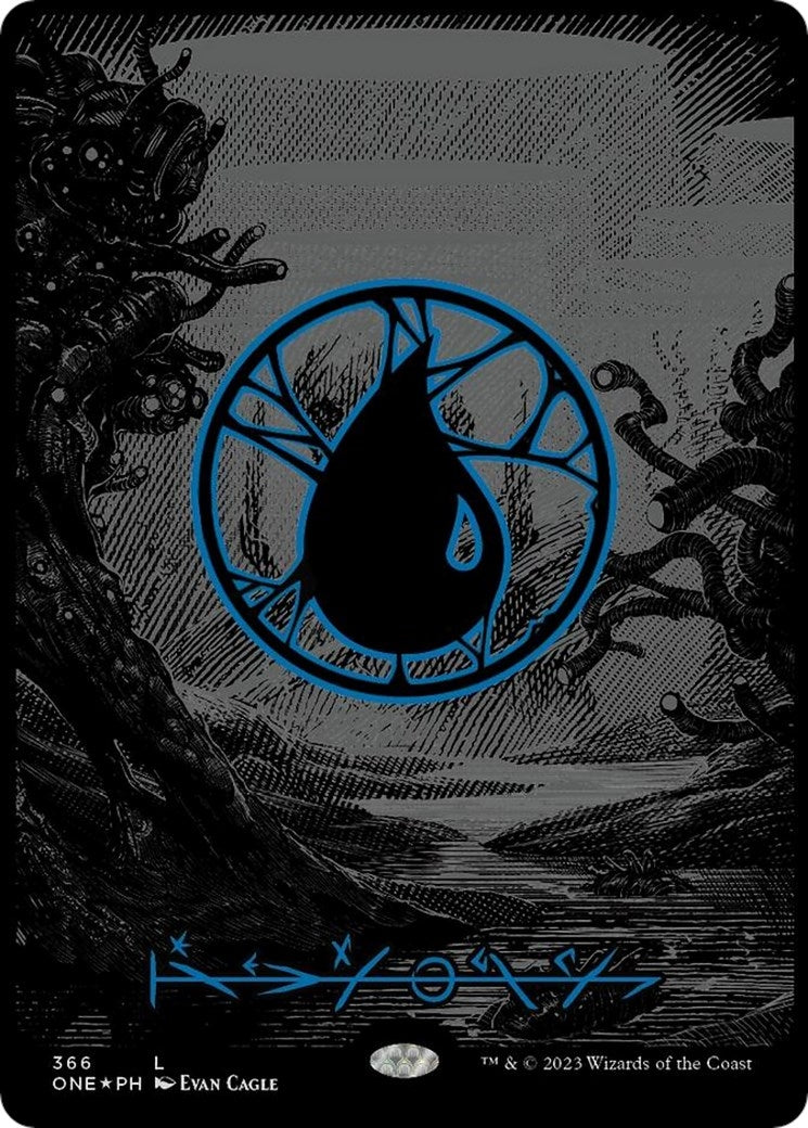 Island (Phyrexian) - Full Art (Oil Slick Raised Foil) (366) (Phyrexia: All Will Be One)