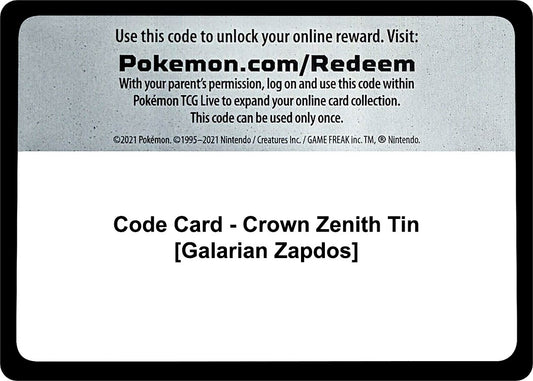 Code Card - Crown Zenith Tin [Galarian Zapdos] (Crown Zenith)