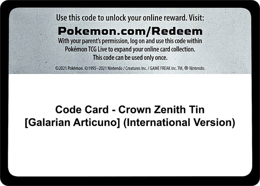 Code Card - Crown Zenith Tin [Galarian Articuno] (International Version) (Crown Zenith)