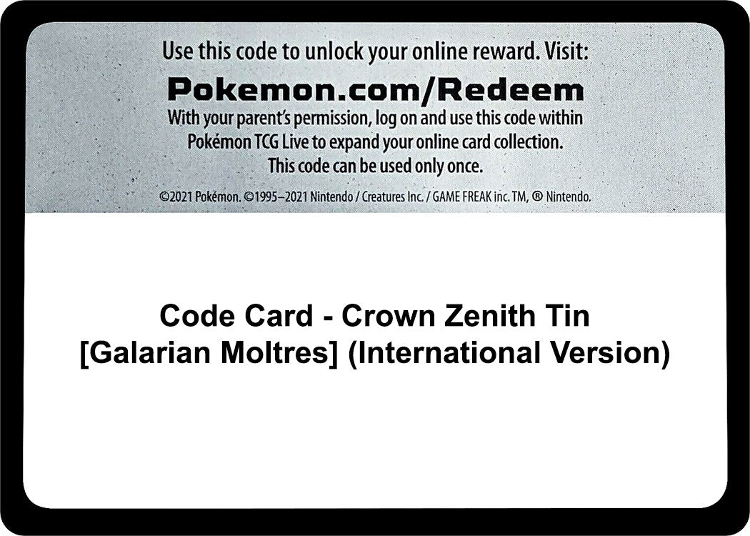 Code Card - Crown Zenith Tin [Galarian Moltres] (International Version) (Crown Zenith)