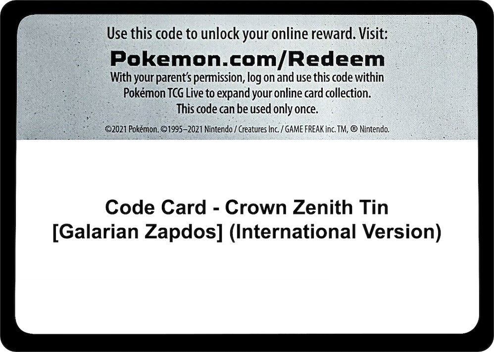 Code Card - Crown Zenith Tin [Galarian Zapdos] (International Version) (Crown Zenith)