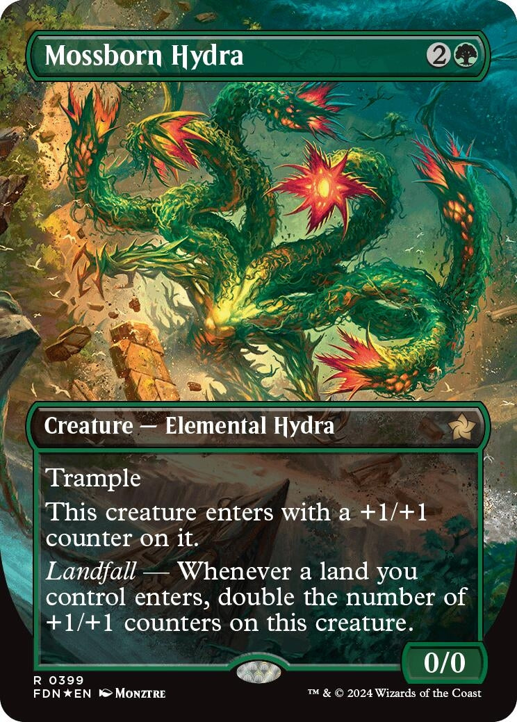 Mossborn Hydra (Borderless) (Mana Foil) (399) (Foundations)