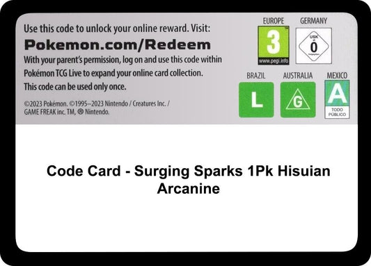 Code Card - Surging Sparks Blister [Hisuian Arcanine] (SV08: Surging Sparks)